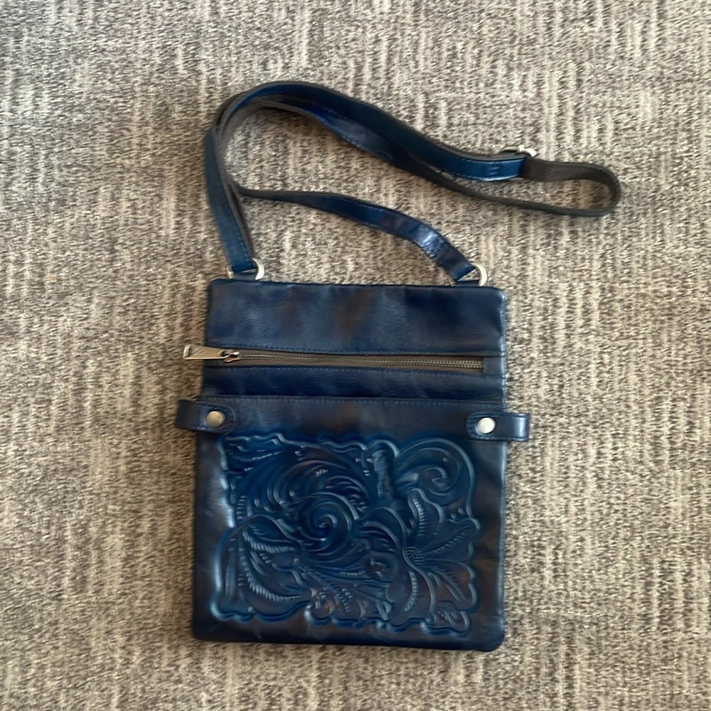EUC Patricia Nash Blue Embossed Leather Crossbody Bag